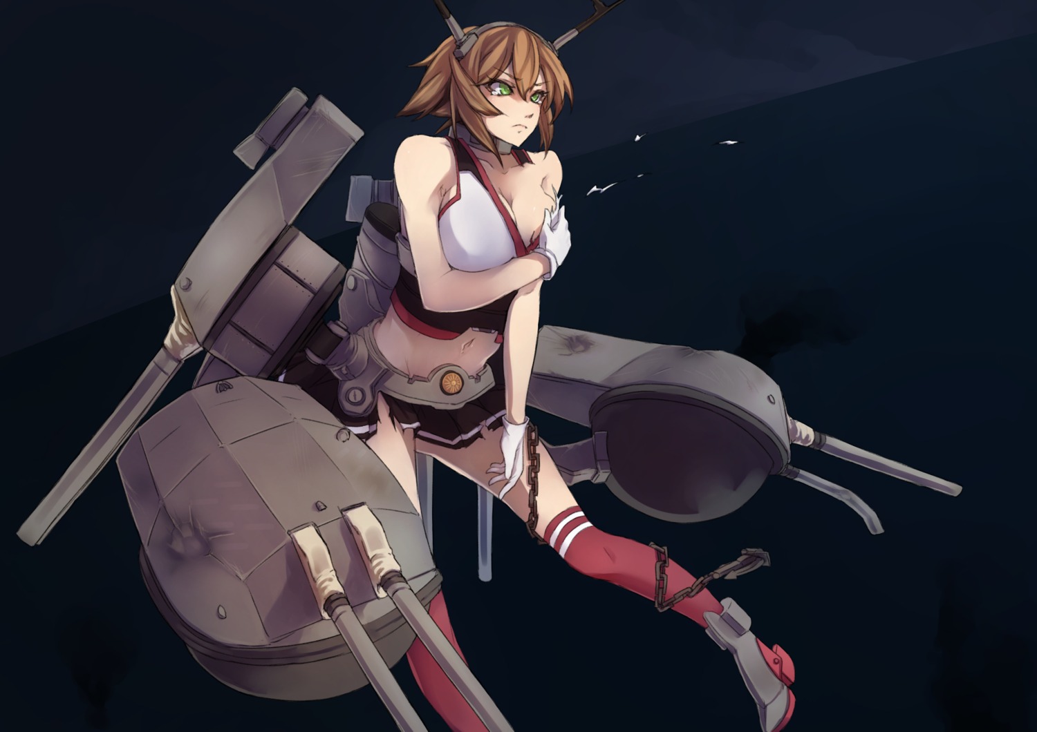 breast_hold cleavage genyaky kantai_collection mutsu_(kancolle) thighhighs torn_clothes