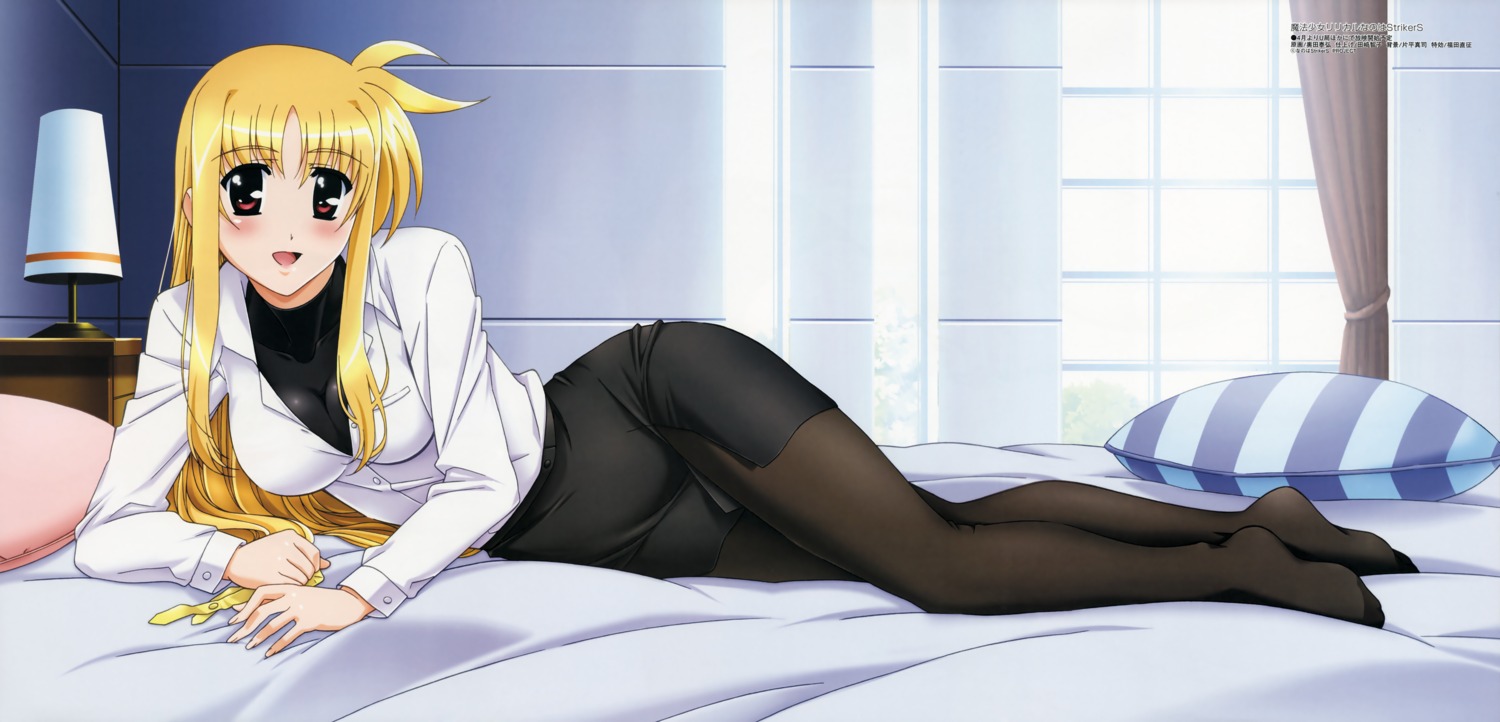 business_suit cleavage fate_testarossa mahou_shoujo_lyrical_nanoha mahou_shoujo_lyrical_nanoha_strikers okuda_yasuhiro pantyhose