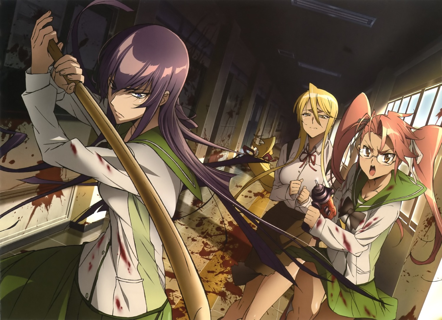 blood busujima_saeko highschool_of_the_dead marikawa_shizuka megane seifuku sword takagi_saya