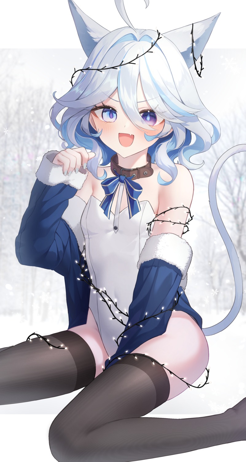 animal_ears furina genshin_impact heterochromia leotard nekomimi no_bra ssalgolae tail thighhighs