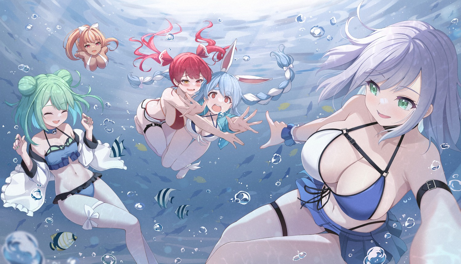 animal_ears bikini bunny_ears elf garter heterochromia hololive houshou_marine keikei pointy_ears shiranui_flare shirogane_noel swimsuits uruha_rushia usada_pekora