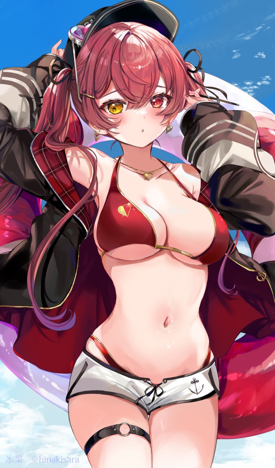 bikini garter heterochromia hinahino hololive houshou_marine open_shirt swimsuits