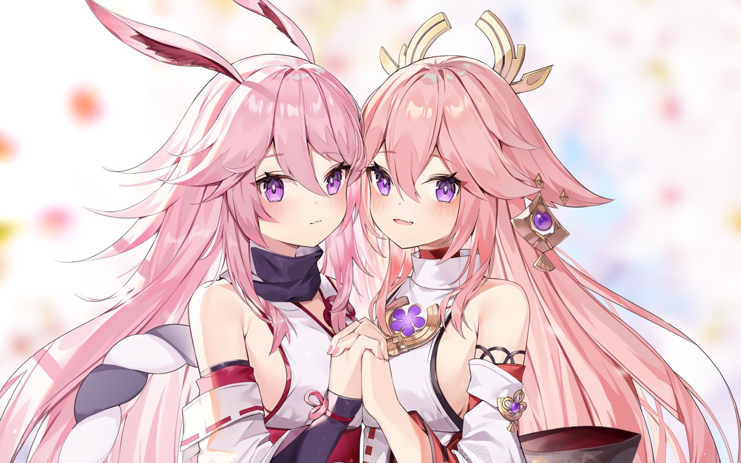 animal_ears benghuai_xueyuan bunny_ears crossover genshin_impact honkai_impact japanese_clothes kitsune no_bra yae_miko yae_sakura_(benghuai_xueyuan) yuia