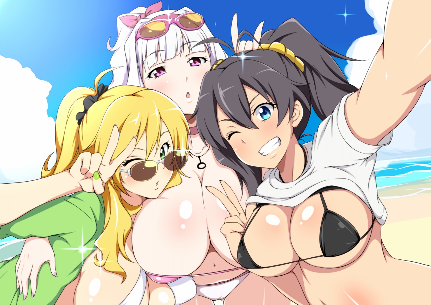 bikini bikini_top cameltoe cleavage ganaha_hibiki hoshii_miki jabara_tornado megane open_shirt shijou_takane shirt_lift swimsuits the_idolm@ster underboob