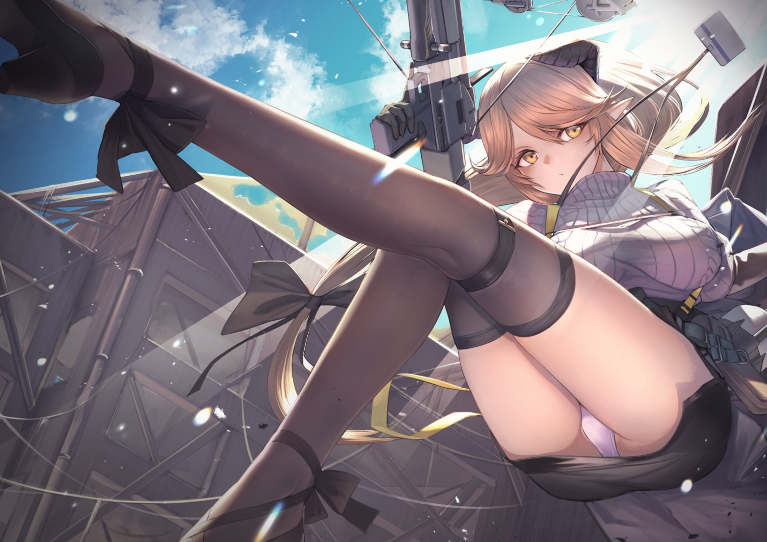 arknights garter gun heels horns itaco meteorite_(arknights) pantsu pointy_ears skirt_lift sweater thighhighs