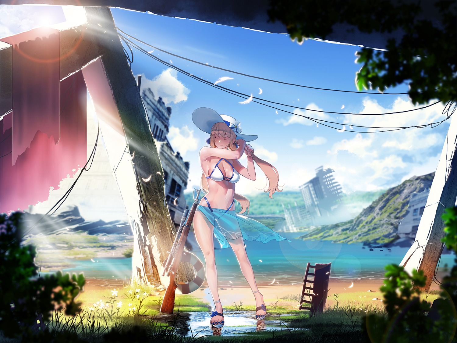 bikini cleavage girls_frontline gun ihobus landscape see_through springfield_(girls_frontline) swimsuits