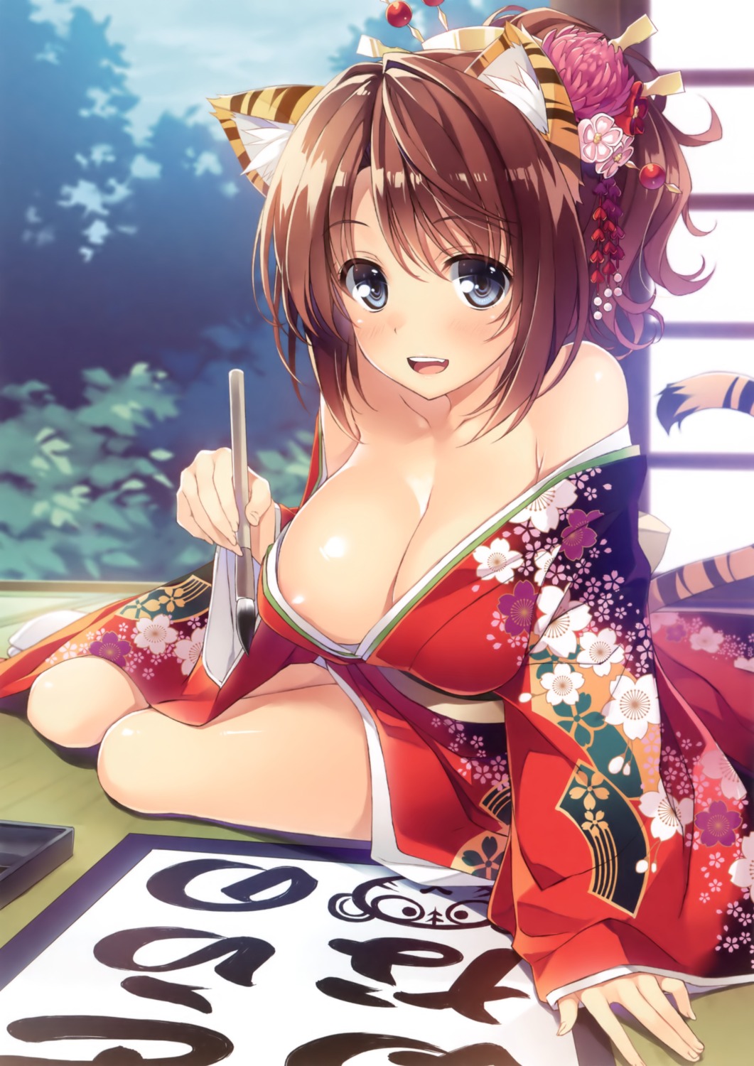 animal_ears areola cleavage kimono no_bra open_shirt tail toranoana yuuki_hagure