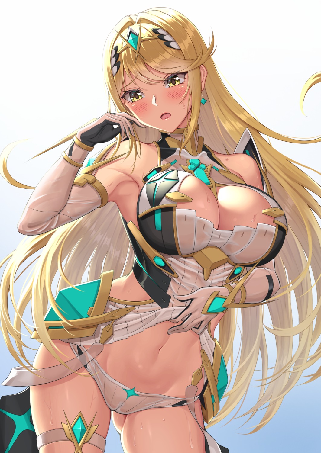 cameltoe dress garter hikari_(xenoblade_2) nemunemu_semi no_bra pantsu skirt_lift wet wet_clothes xenoblade xenoblade_chronicles_2