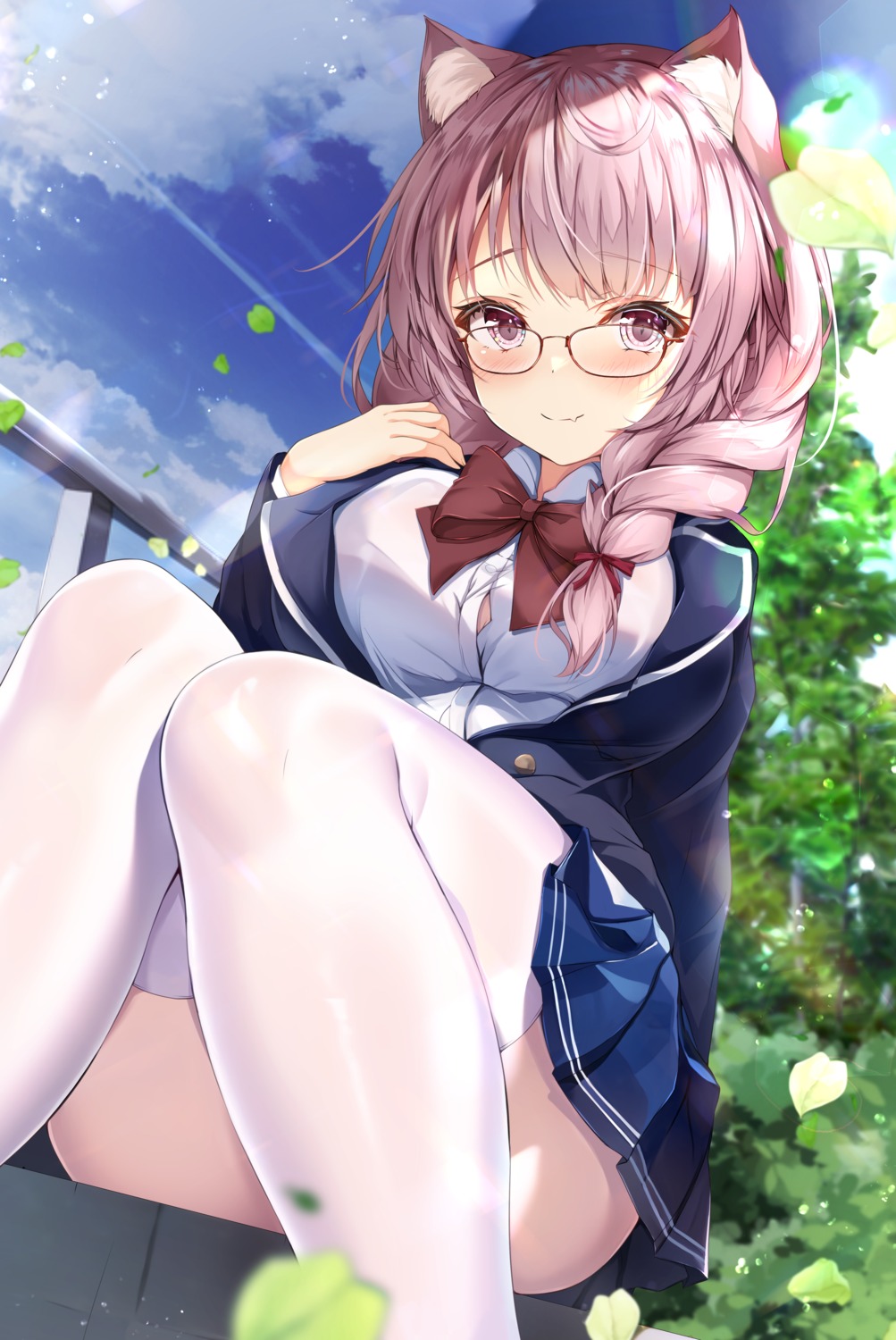 animal_ears megane nekomimi rumiko_(rmeco) seifuku skirt_lift thighhighs