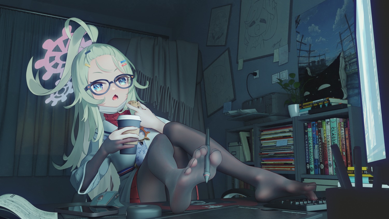 blue_archive feet halo himeki_meru megane mr_ito pantyhose seifuku skirt_lift sweater