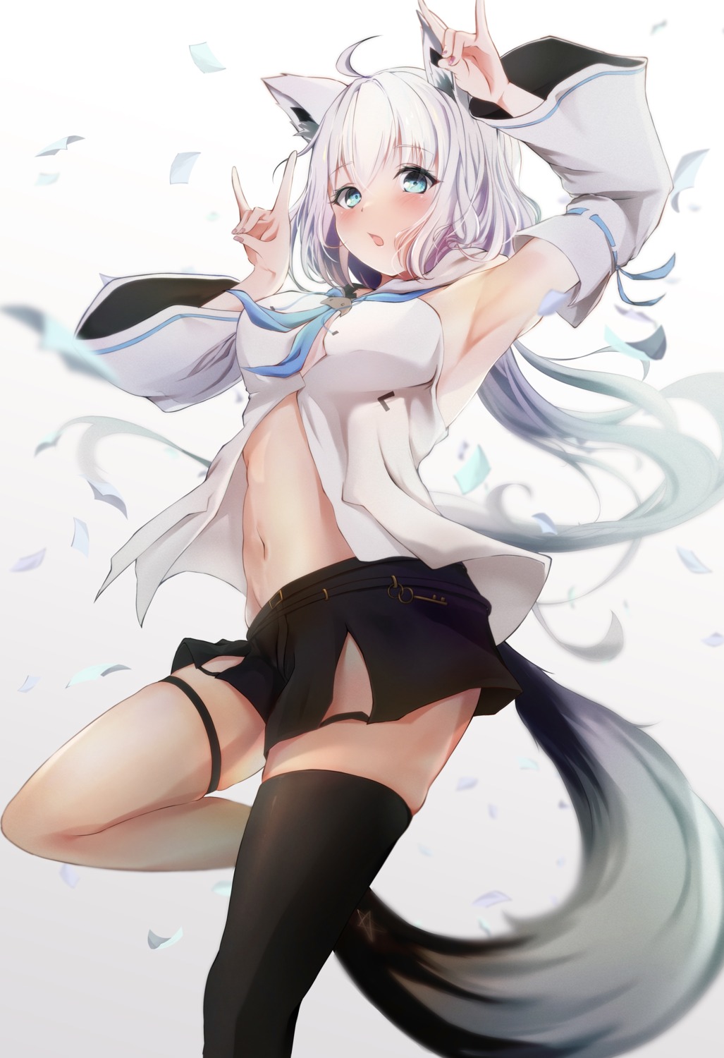 animal_ears garter hololive hololive_gamers kitsune kurony_(sirony) no_bra shirakami_fubuki tail thighhighs