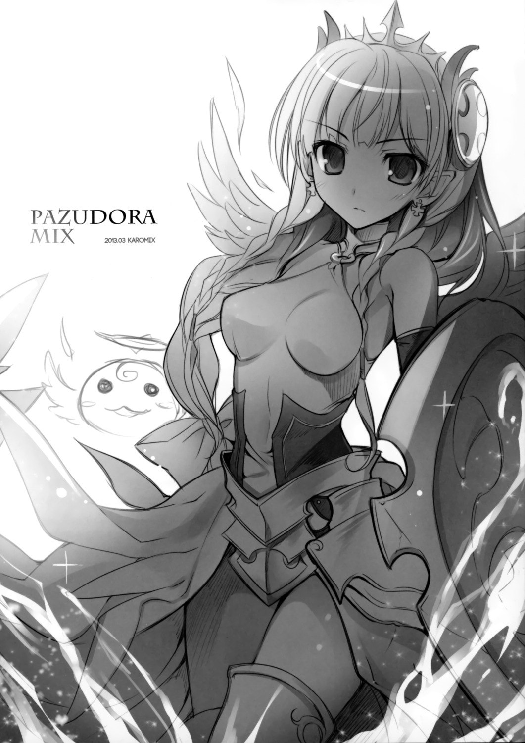 armor karomix karory monochrome pointy_ears puzzle_&_dragons thighhighs valkyrie_(p&d) wings