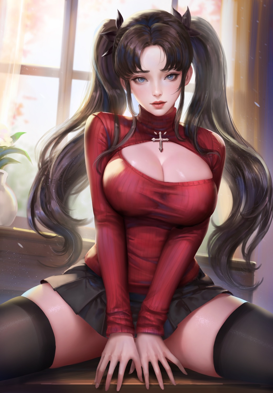 cleavage erect_nipples fate/stay_night skirt_lift thighhighs toosaka_rin windwalker