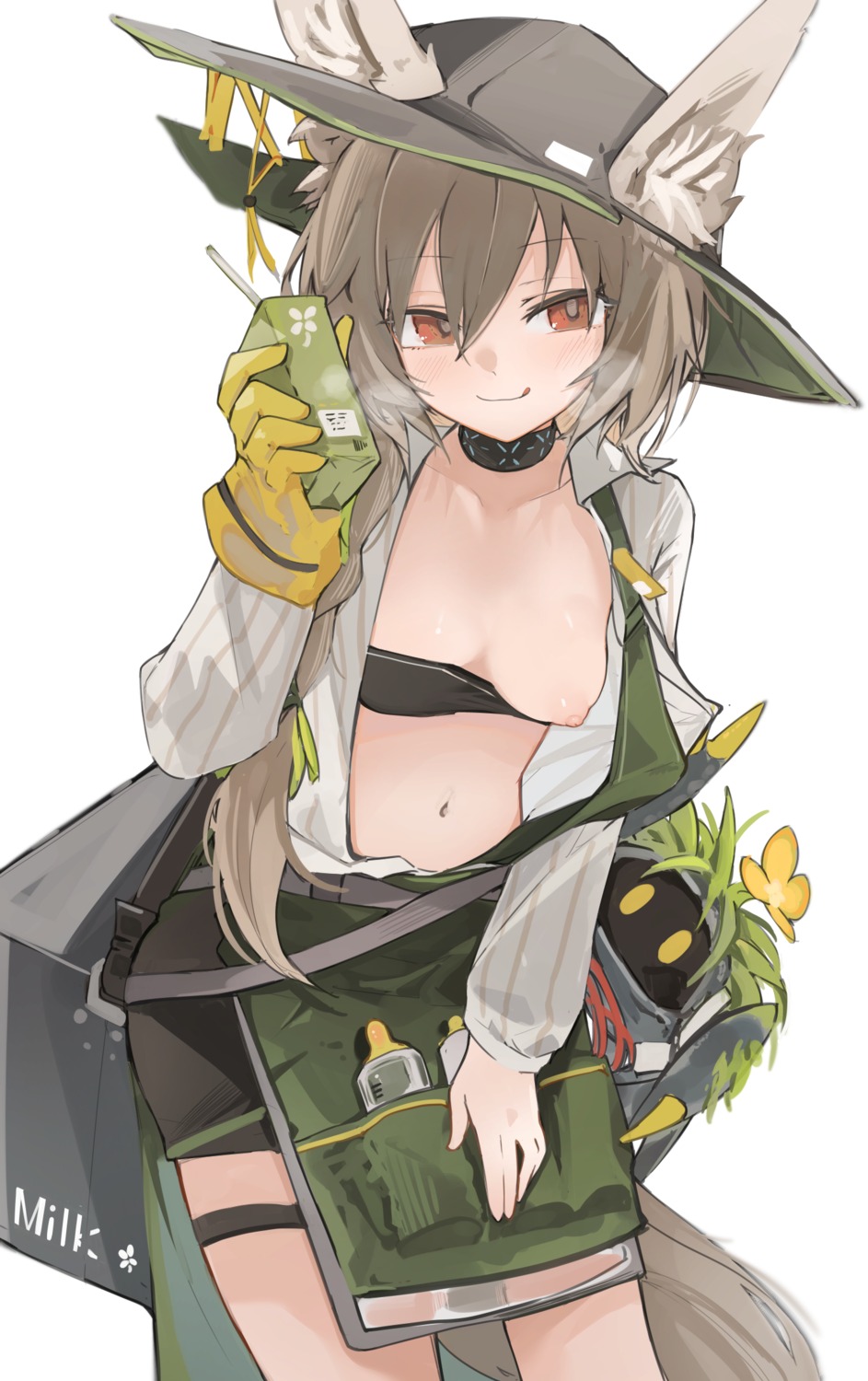 animal_ears arknights beanstalk_(arknights) bikini_top breasts garter mikojin nipples open_shirt swimsuits tail