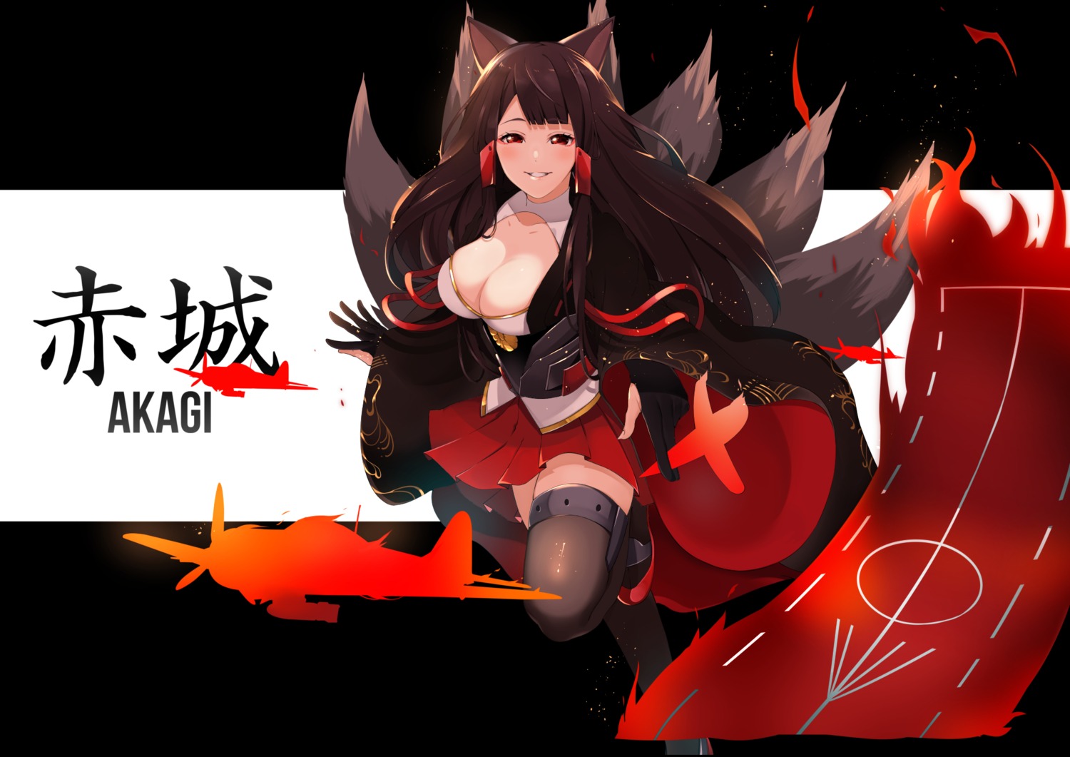 akagi_(azur_lane) akuan_(7jackpot7) animal_ears azur_lane cleavage kitsune tail thighhighs