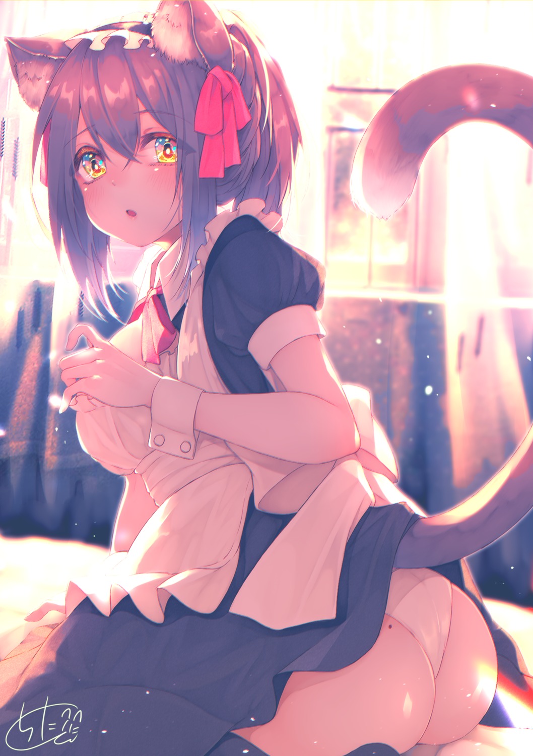 animal_ears ass chita_(ketchup) maid nekomimi pantsu skirt_lift tail thighhighs thong