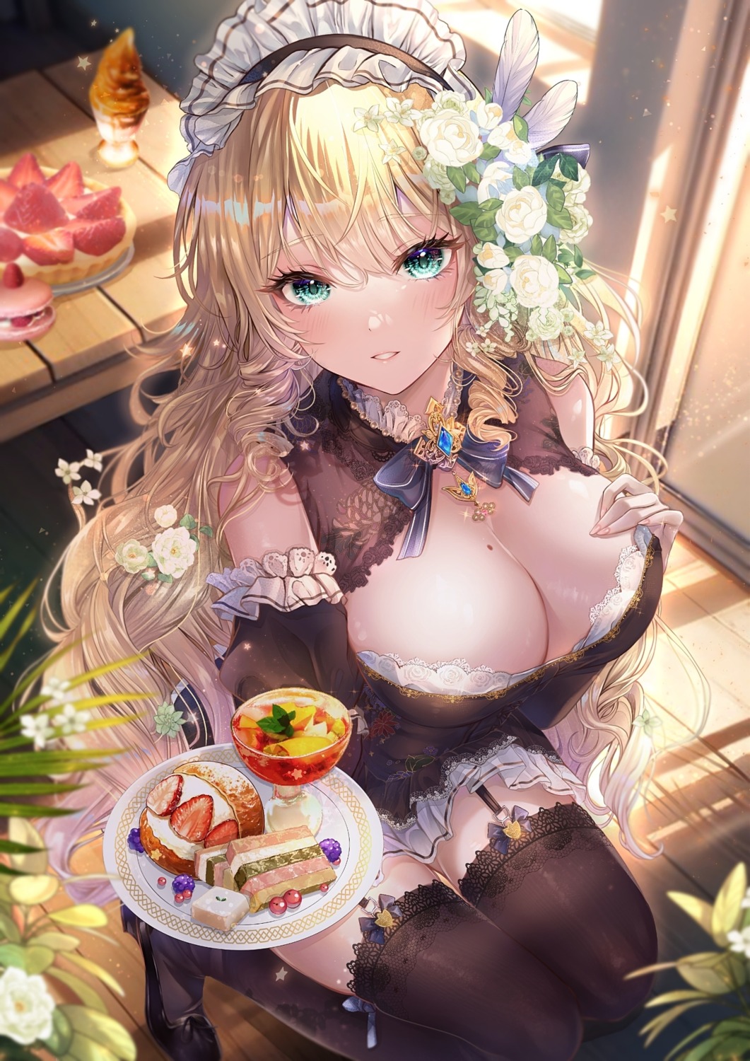 genshin_impact miyu_(miyulein) navia no_bra stockings thighhighs waitress