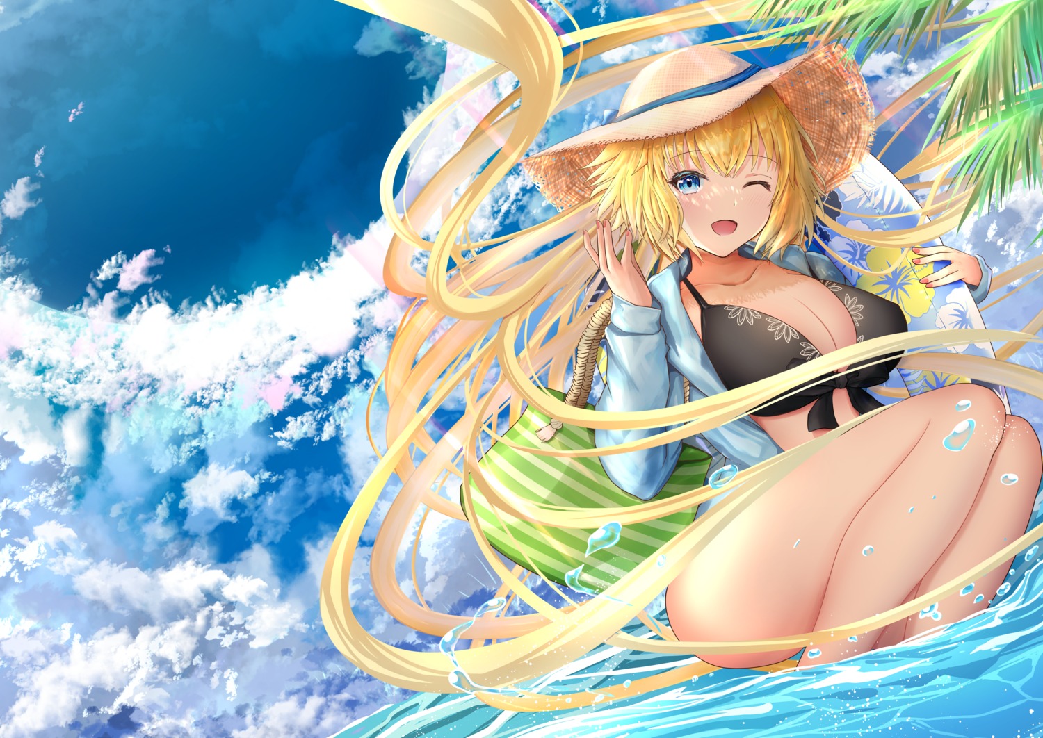 bikini_top cleavage fate/grand_order jeanne_d'arc jeanne_d'arc_(fate) nuts_(artist) open_shirt swimsuits wet