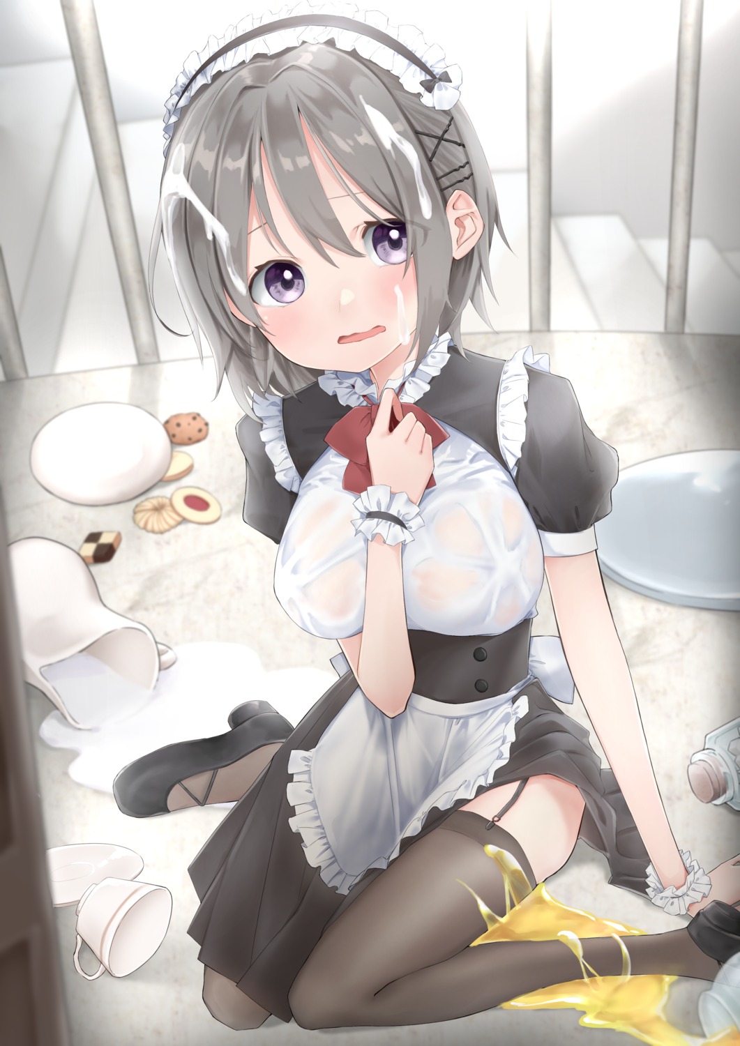 cream maid mishima_ryo no_bra see_through skirt_lift stockings thighhighs wet_clothes