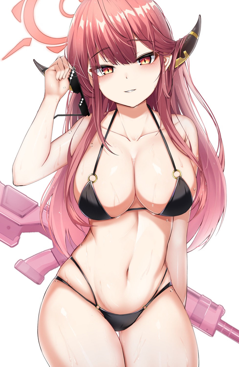 bikini blue_archive gun halo horns megane nahanmin rikuhachima_aru swimsuits