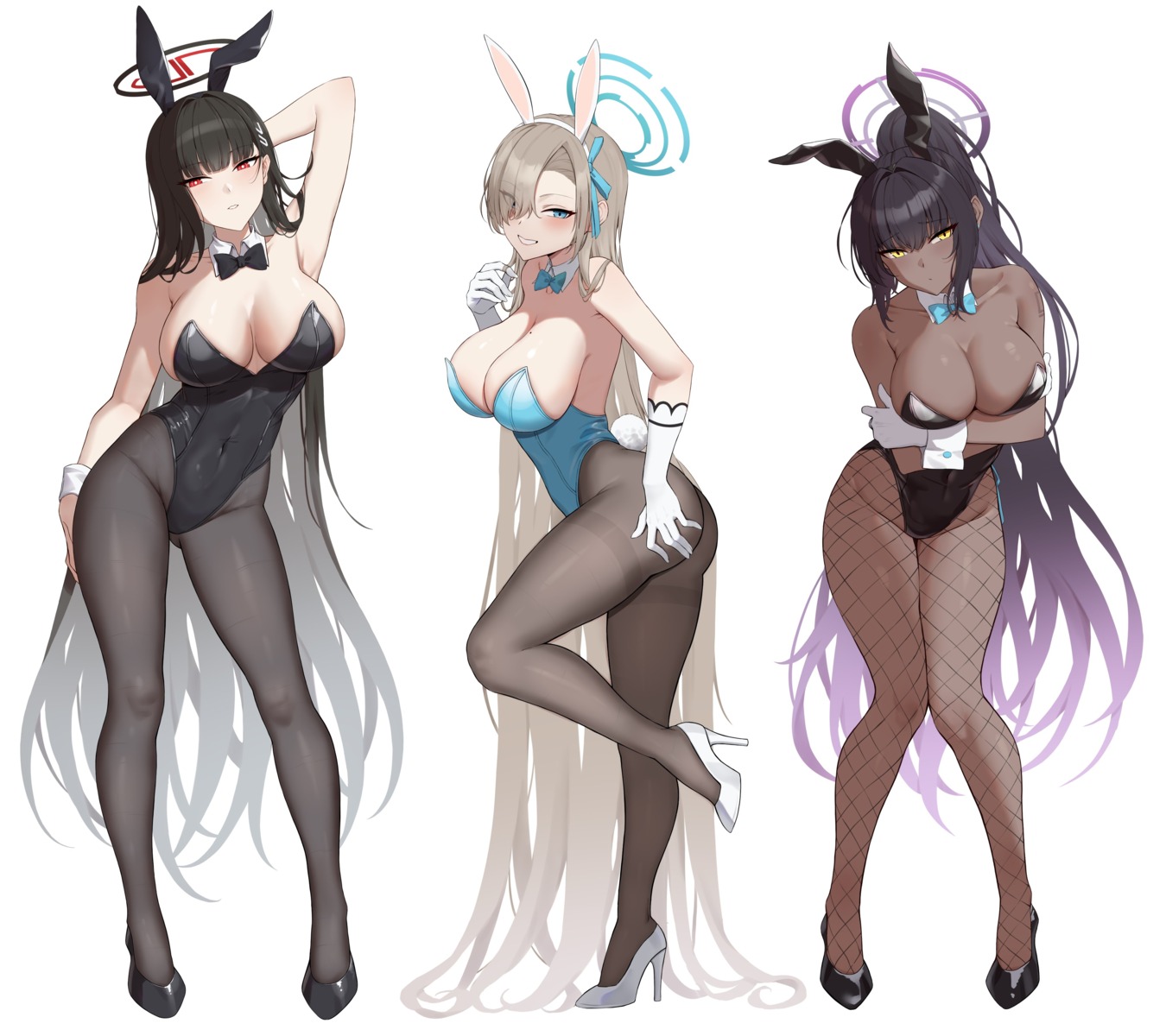 animal_ears blue_archive breast_hold bunny_ears bunny_girl fishnets halo heels ichinose_asuna kakudate_karin no_bra pantyhose tail tattoo tsukatsuki_rio yukiaka