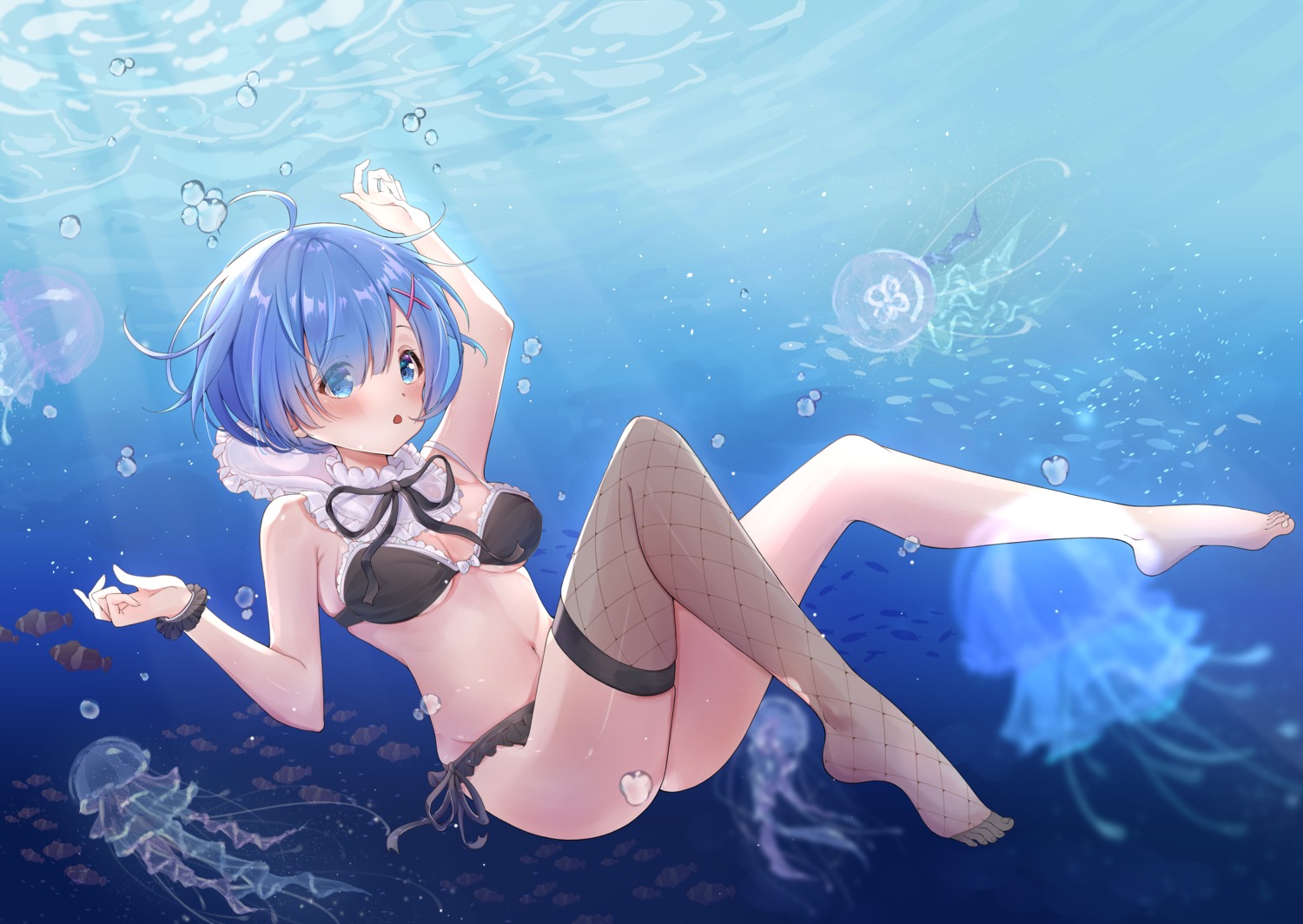 bikini cleavage feet fishnets nayuuchan re_zero_kara_hajimeru_isekai_seikatsu rem_(re_zero) swimsuits thighhighs