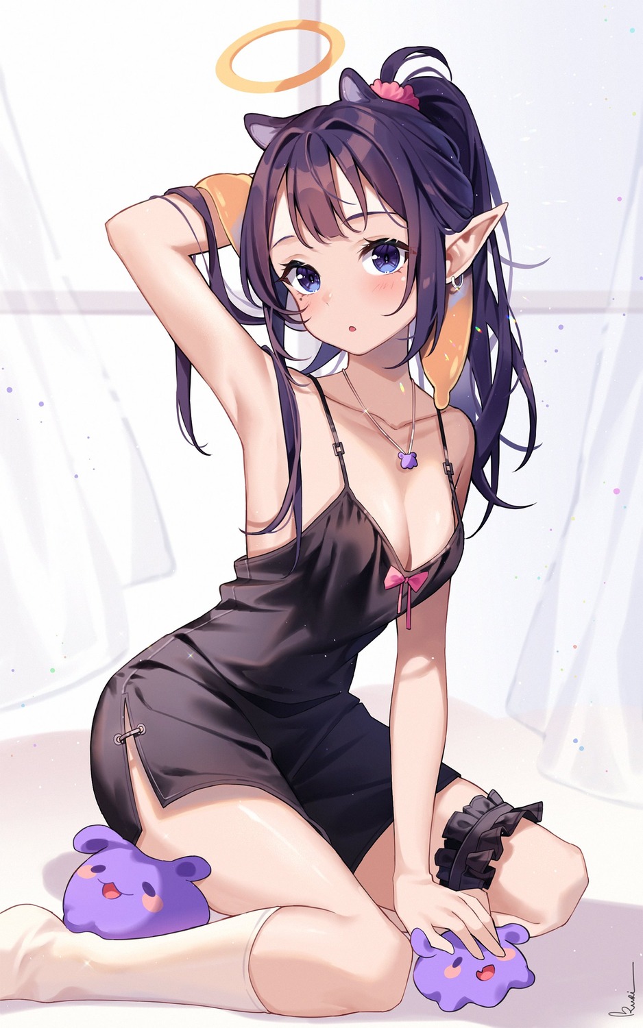 animal_ears cleavage garter halo hololive hololive_english lingerie ninomae_ina'nis pointy_ears tagme