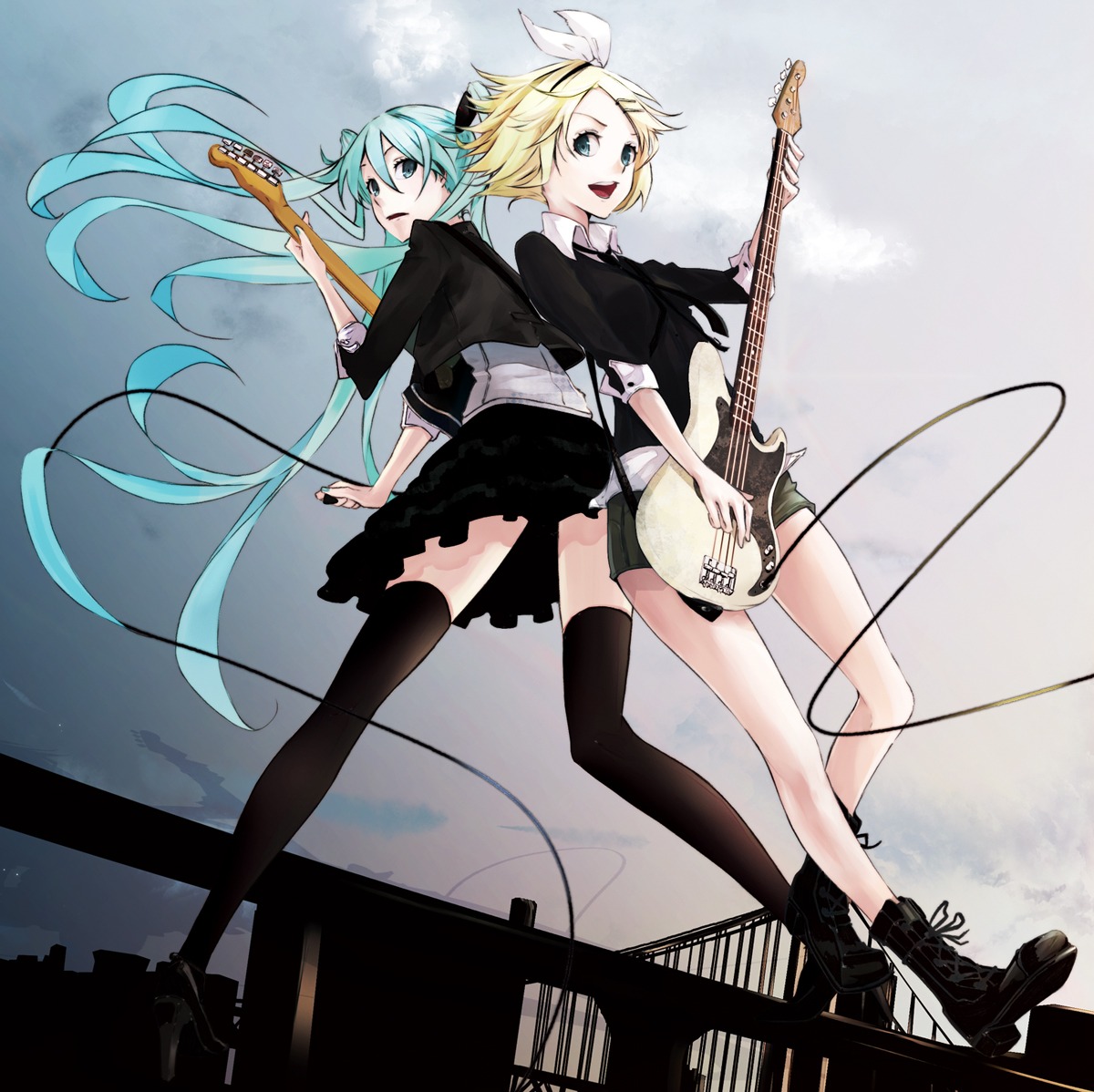 guitar hatsune_miku kagamine_rin mille thighhighs vocaloid