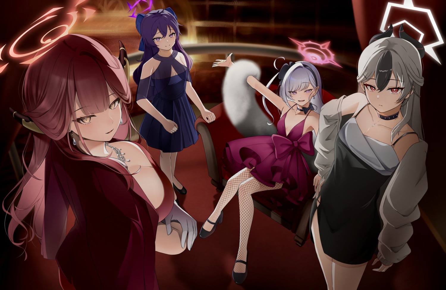 asagi_mutsuki blue_archive breast_hold dress fishnets halo heels horns igusa_haruka no_bra onikata_kayoko pantyhose pointy_ears revebw rikuhachima_aru see_through sweater