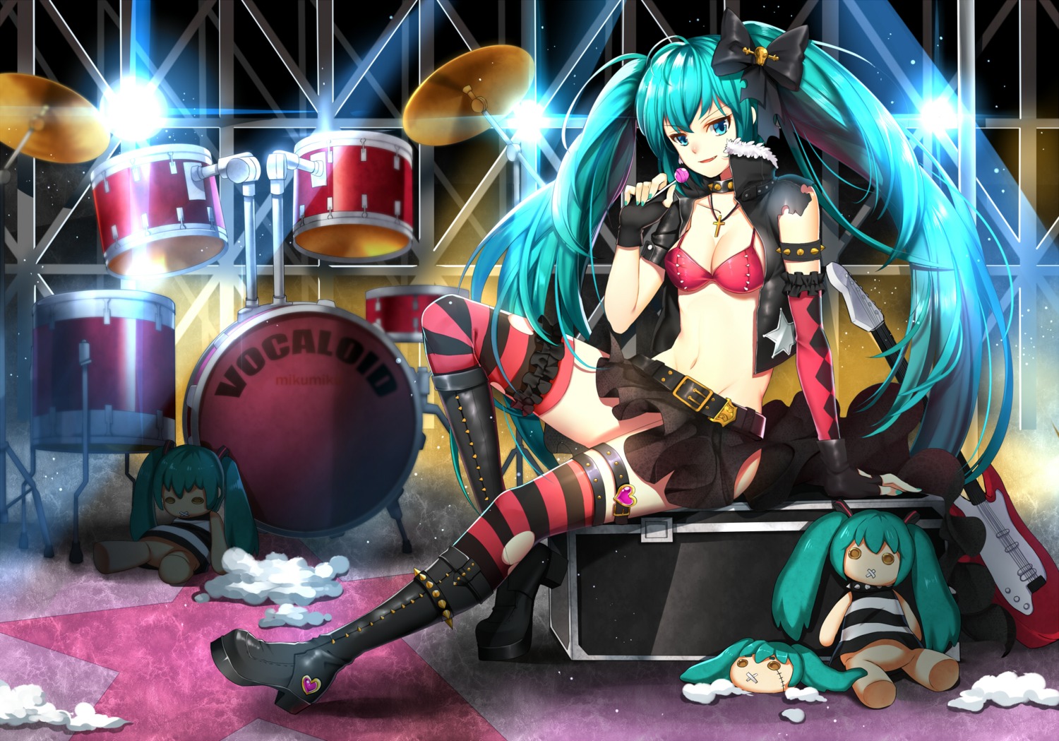 bikini_top cleavage greetload guitar hatsune_miku heels open_shirt swimsuits thighhighs torn_clothes vocaloid