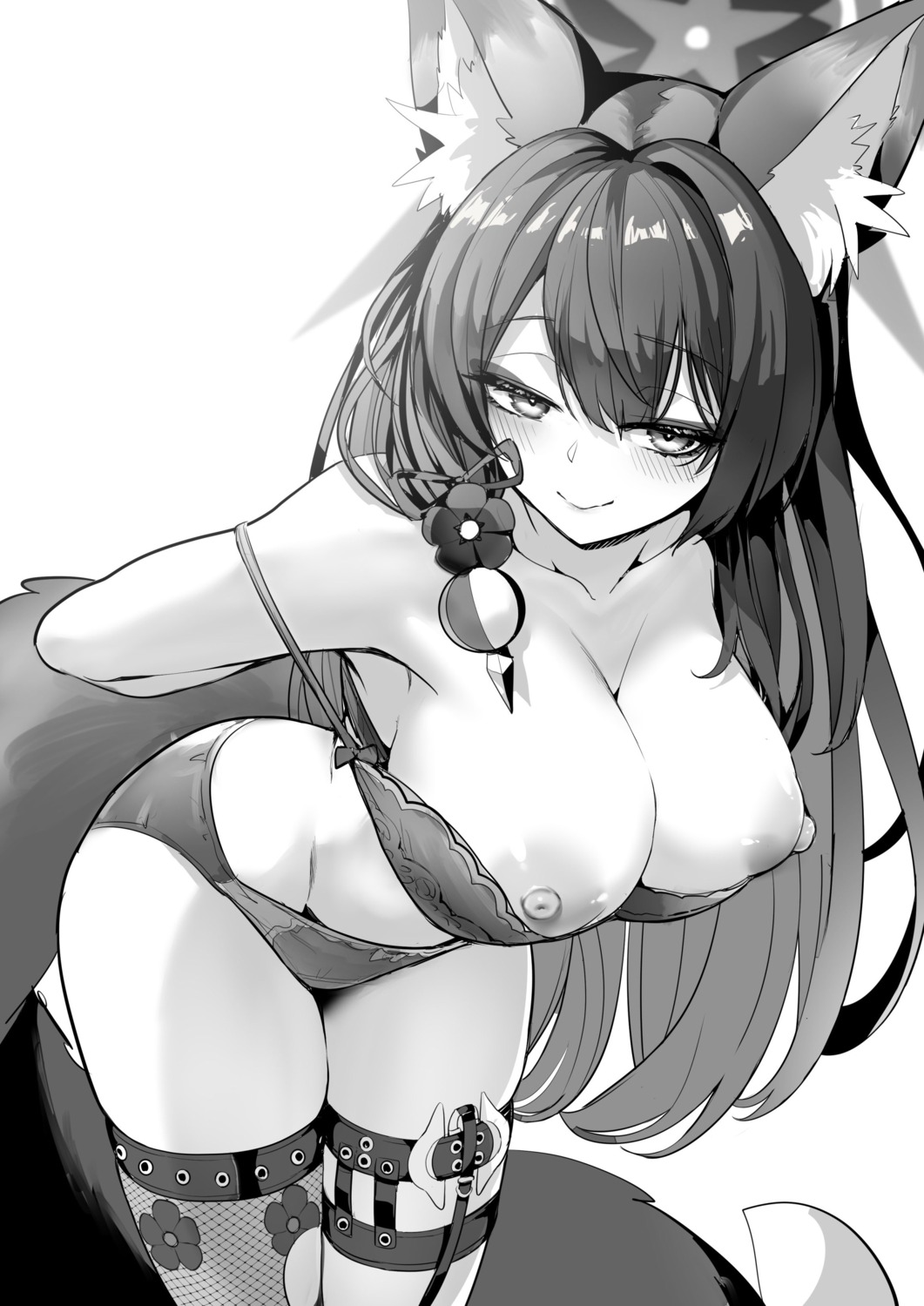 animal_ears blue_archive bra breasts fishnets garter halo kitsune kosaka_wakamo monochrome nipples pantsu tail thighhighs torn_clothes undressing wisespeak