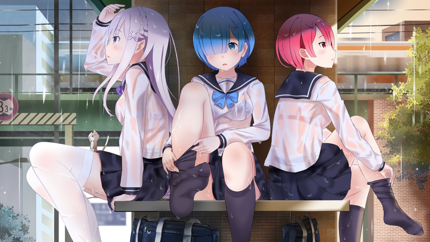 bra edogawakid emilia_(re_zero) feet neko pack_(re_zero) ram_(re_zero) re_zero_kara_hajimeru_isekai_seikatsu rem_(re_zero) see_through seifuku thighhighs undressing wet_clothes