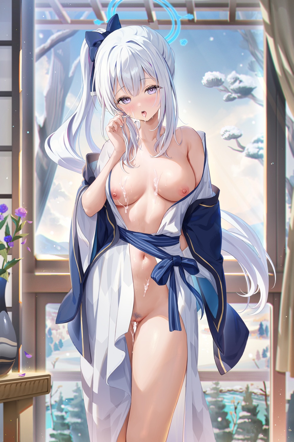 blue_archive breasts cum halo houkisei nipples no_bra nopan open_shirt pubic_hair pussy tsukiyuki_miyako uncensored wet yukata