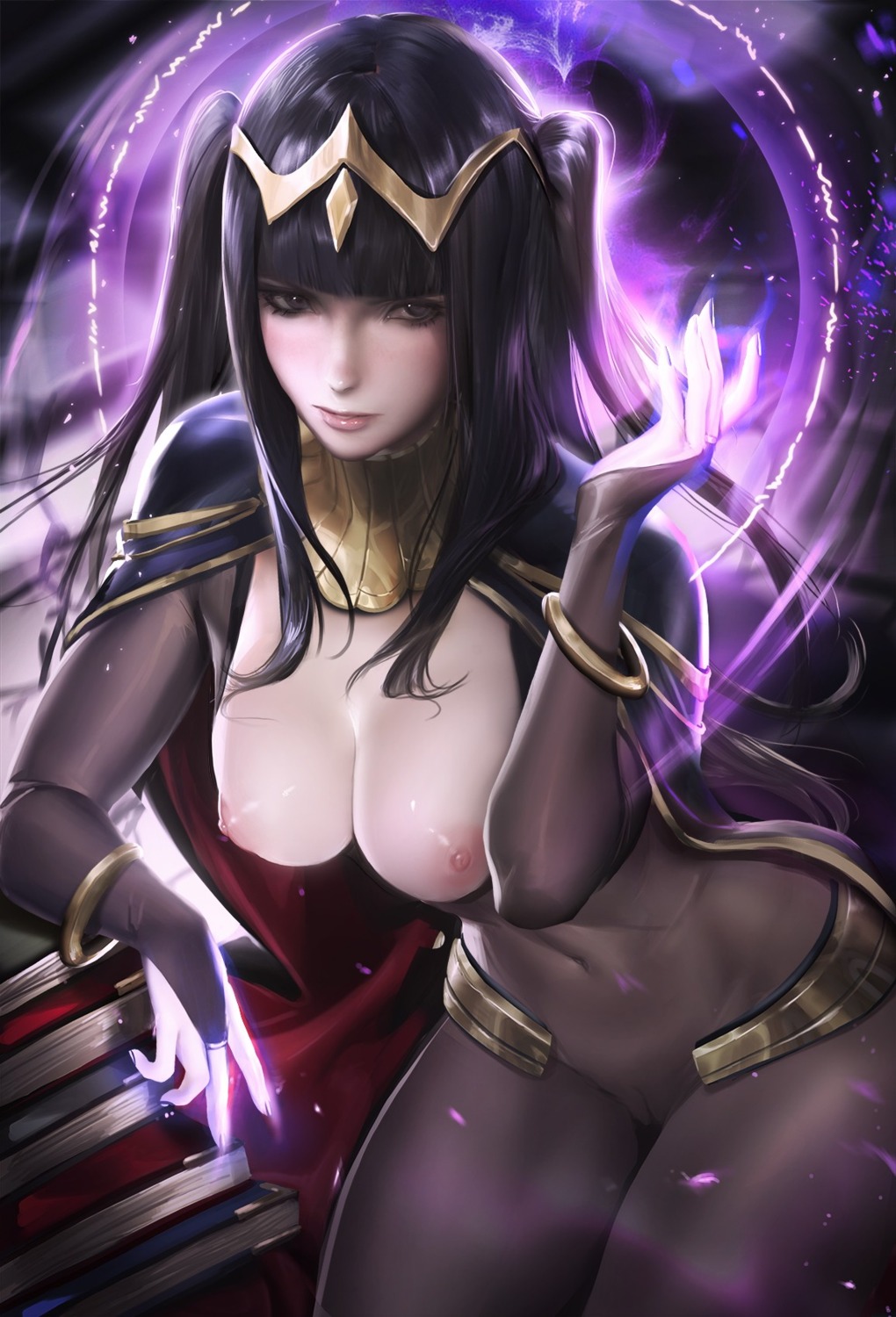 bodysuit breasts cameltoe fire_emblem fire_emblem_kakusei nipples no_bra open_shirt sakimichan tharja