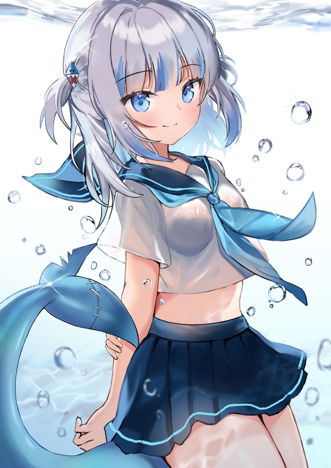 dan_gan gawr_gura hololive hololive_english loli see_through seifuku tail wet wet_clothes