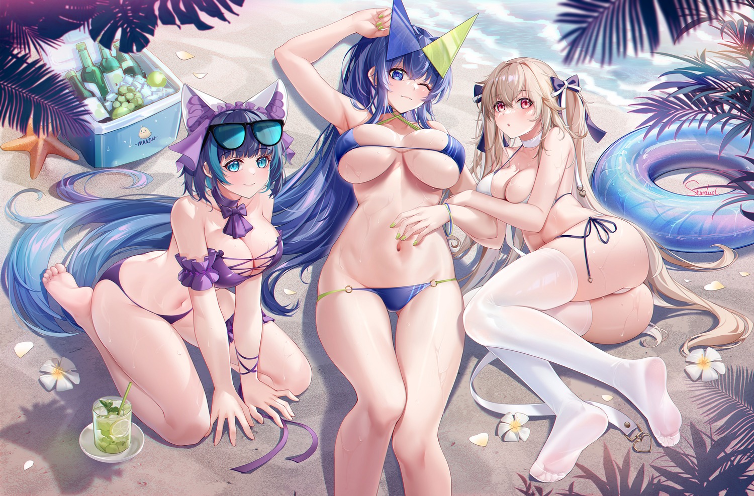 anchorage_(azur_lane) ass azur_lane bikini cheshire_(azur_lane) feet megane new_jersey_(azur_lane) stardust_(chen'ai_weiding) swimsuits thighhighs thong wet