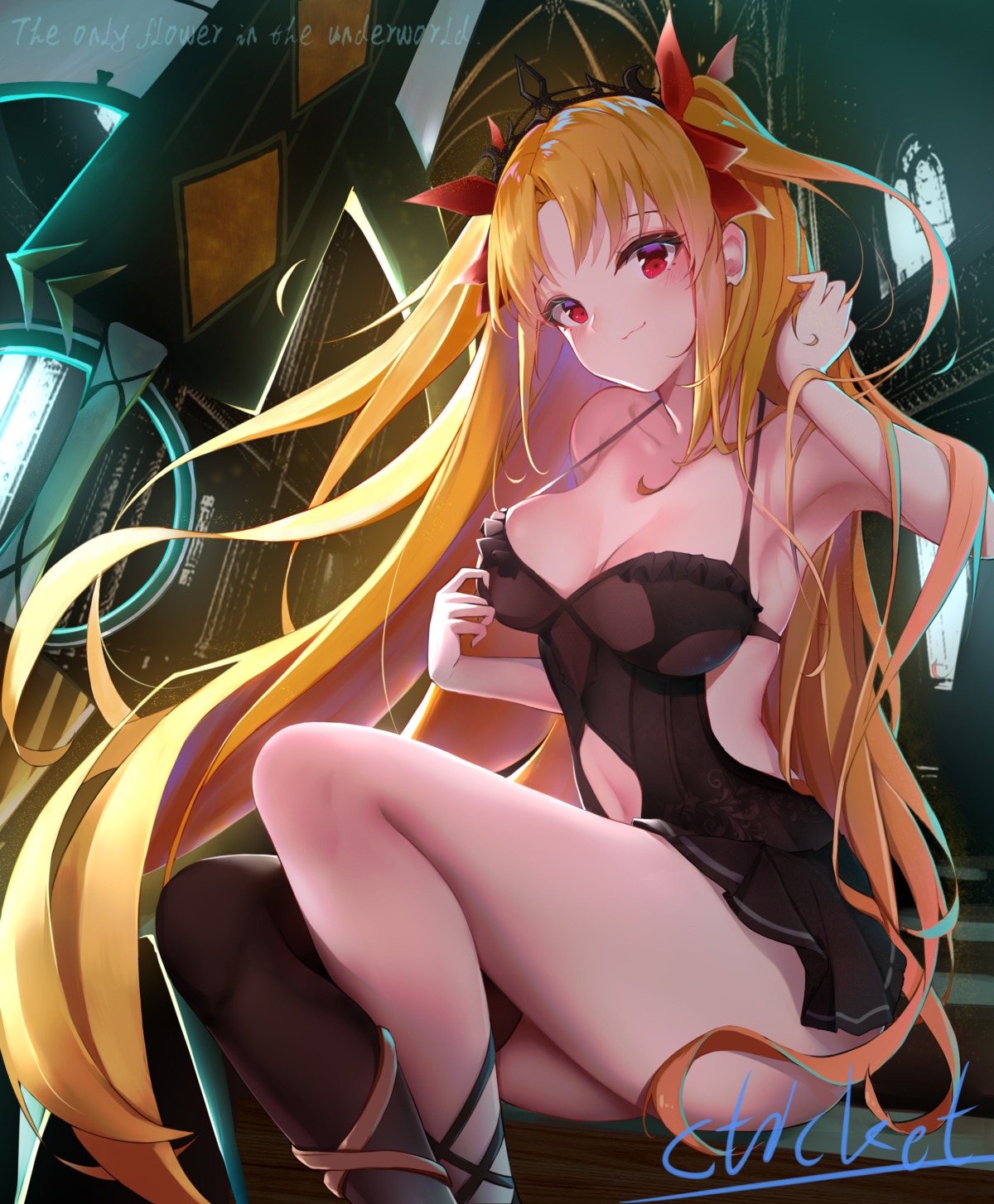 cleavage cticket dress ereshkigal_(fate/grand_order) fate/grand_order no_bra skirt_lift thighhighs