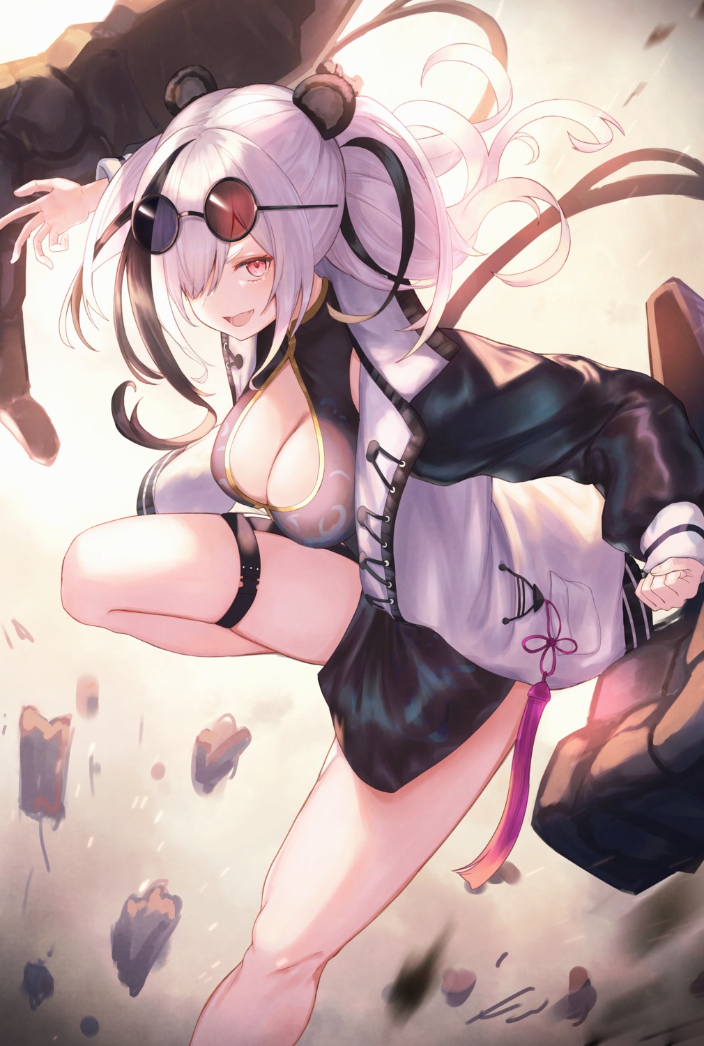 animal_ears arknights chinadress cleavage feater_(arknights) garter gore_(white_gore) megane no_bra