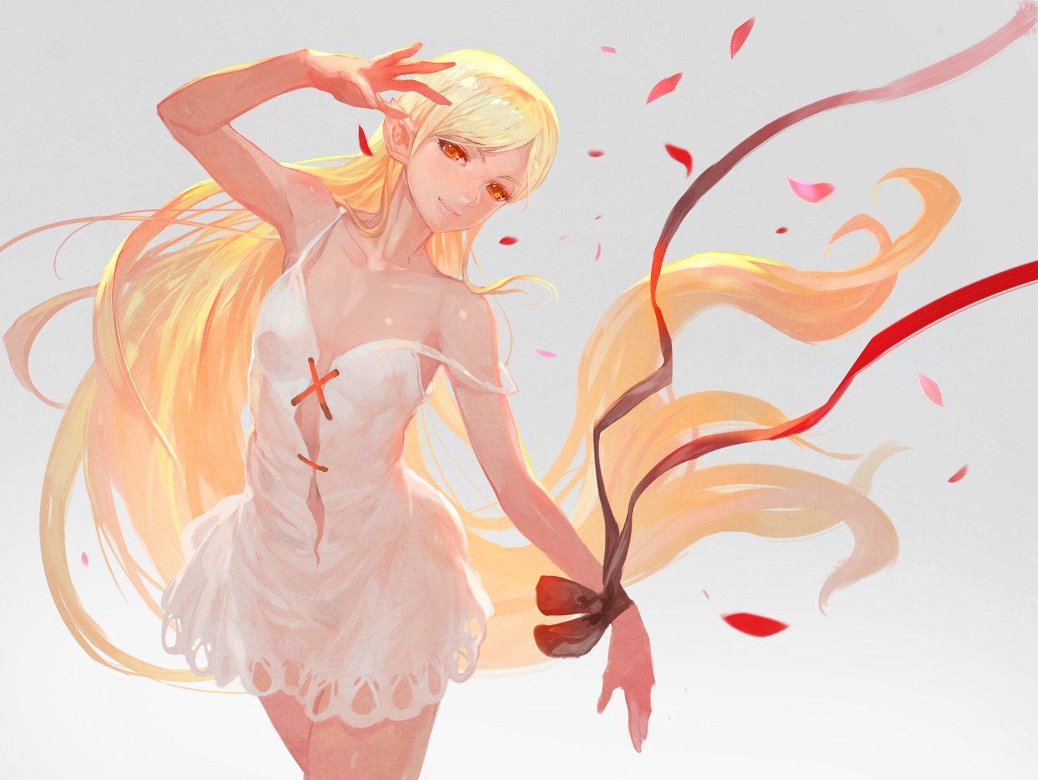 cleavage dress kissshot_acerolaorion_heartunderblade kizumonogatari lack monogatari_(series) no_bra oshino_shinobu pointy_ears