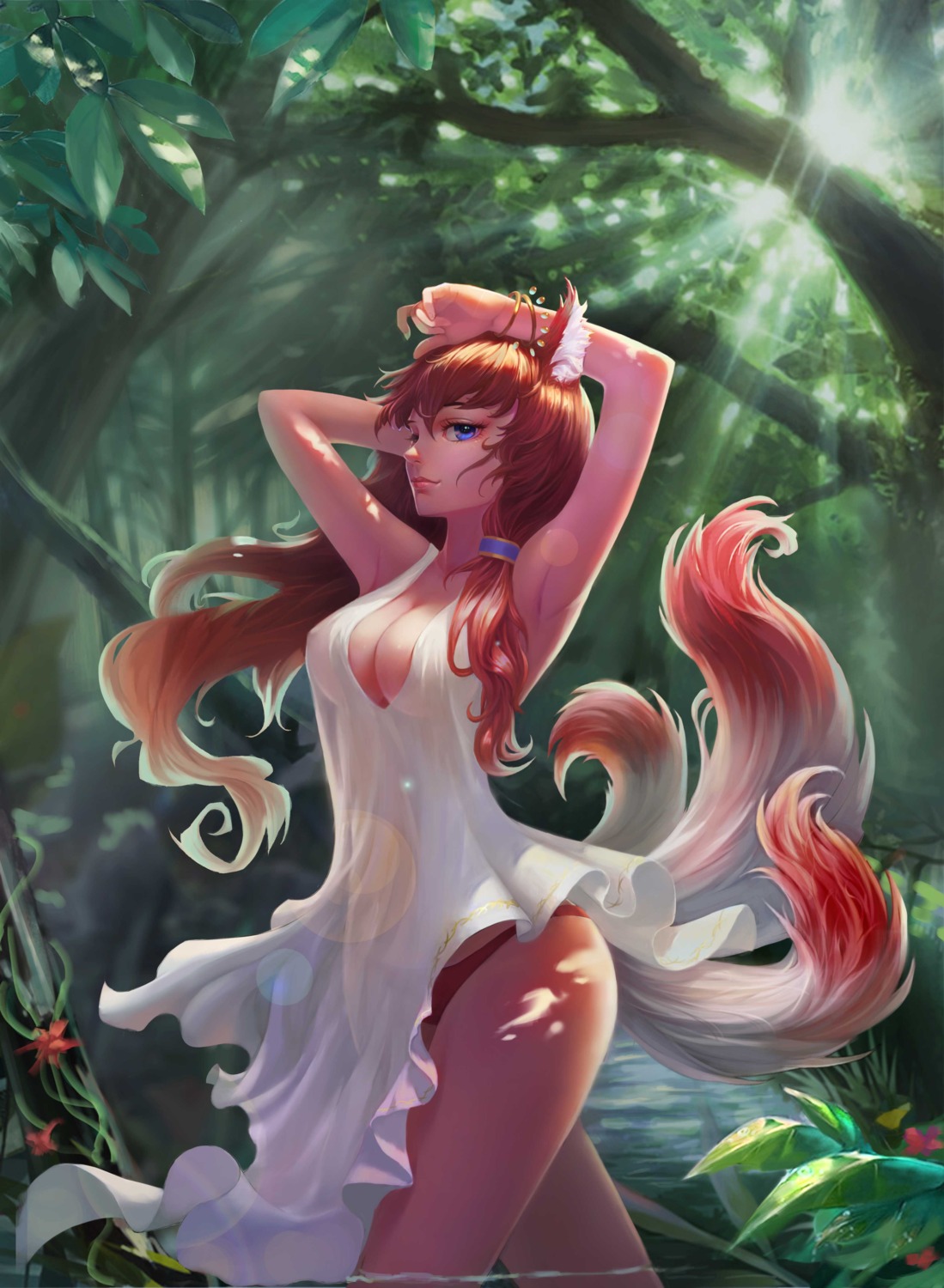 animal_ears dress erect_nipples kitsune no_bra pantsu see_through skirt_lift tagme tail