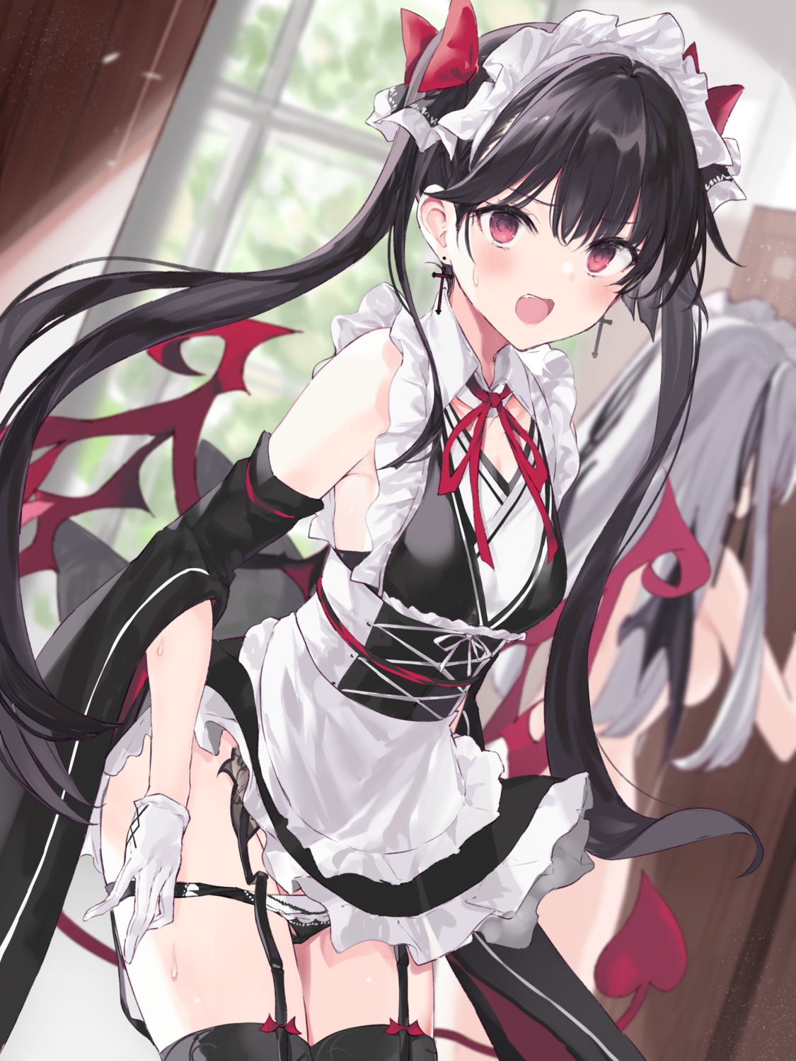 devil garter_belt maid naked nana_(luna_berry) pantsu panty_pull skirt_lift stockings tail thighhighs undressing wa_maid wings