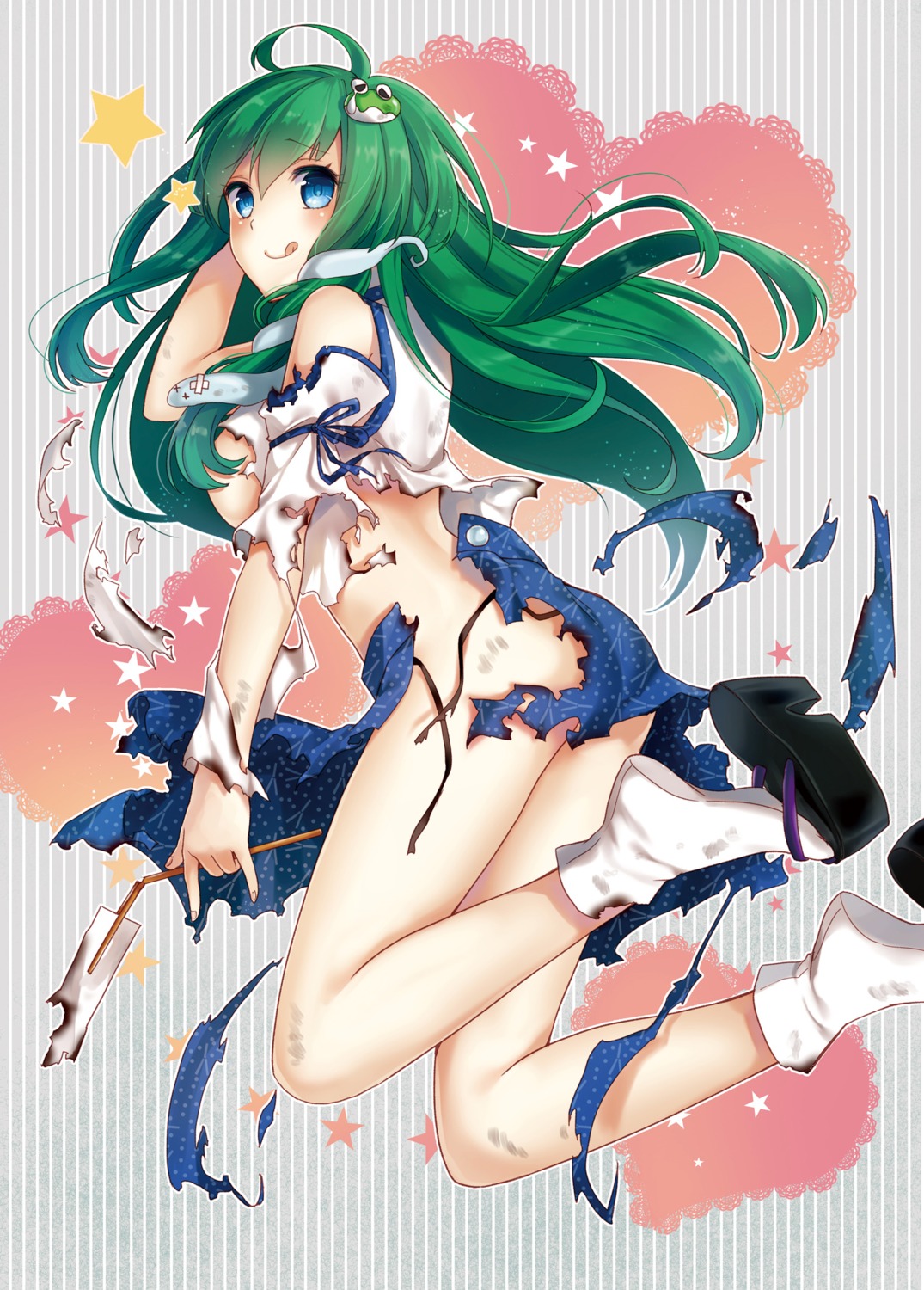 ass breasts kochiya_sanae no_bra nunucco pantsu string_panties torn_clothes touhou