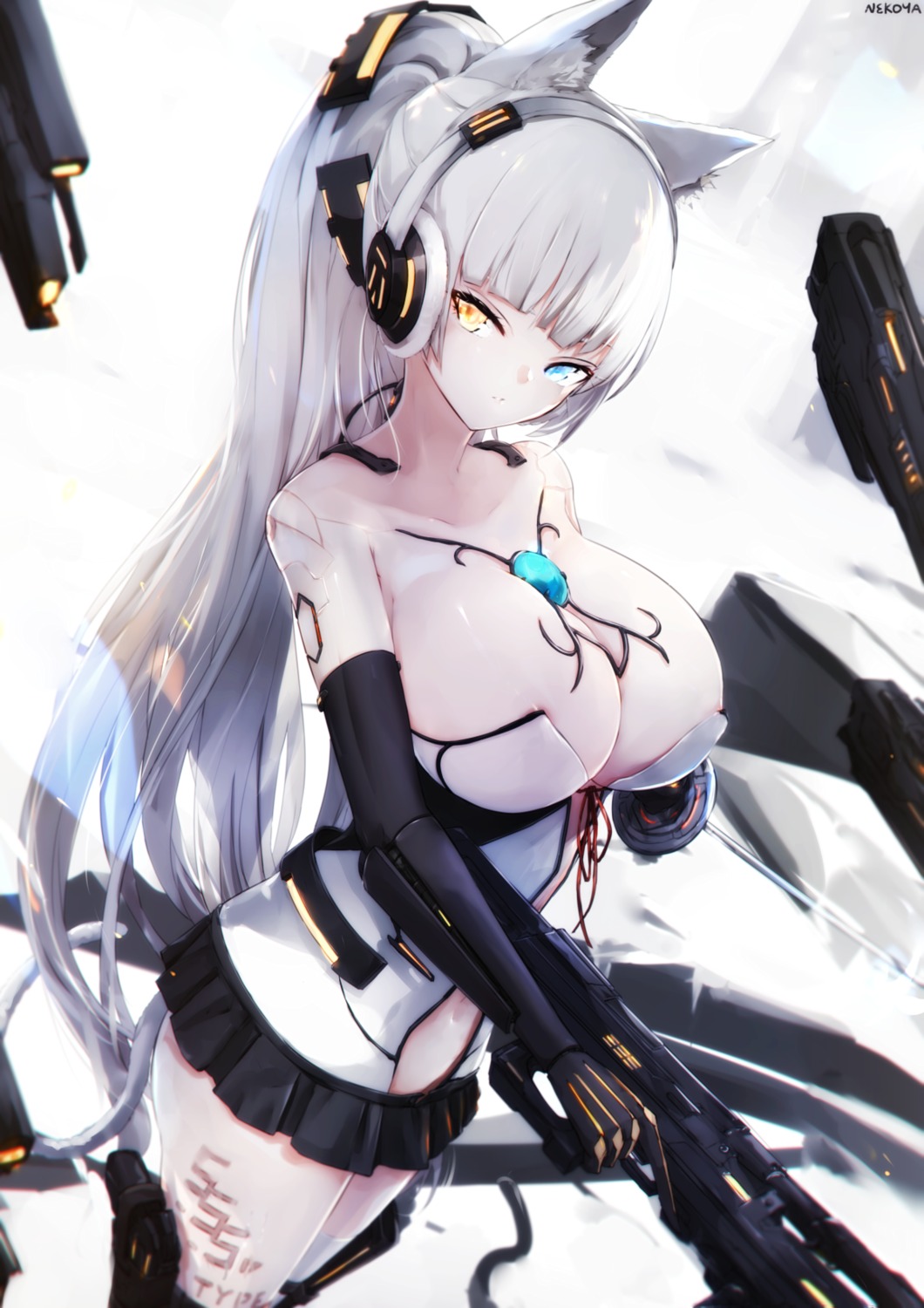 animal_ears areola gun headphones heterochromia mecha_musume nekoya_(liu) no_bra tail tattoo wardrobe_malfunction