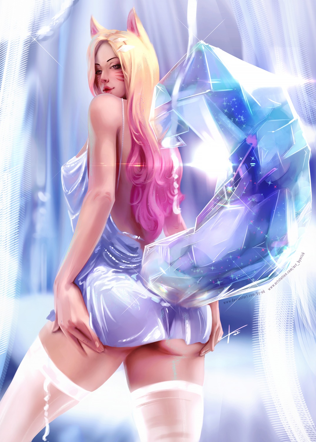 ahri animal_ears ass ass_grab dress erik_castro kitsune league_of_legends no_bra nopan skirt_lift tail thighhighs