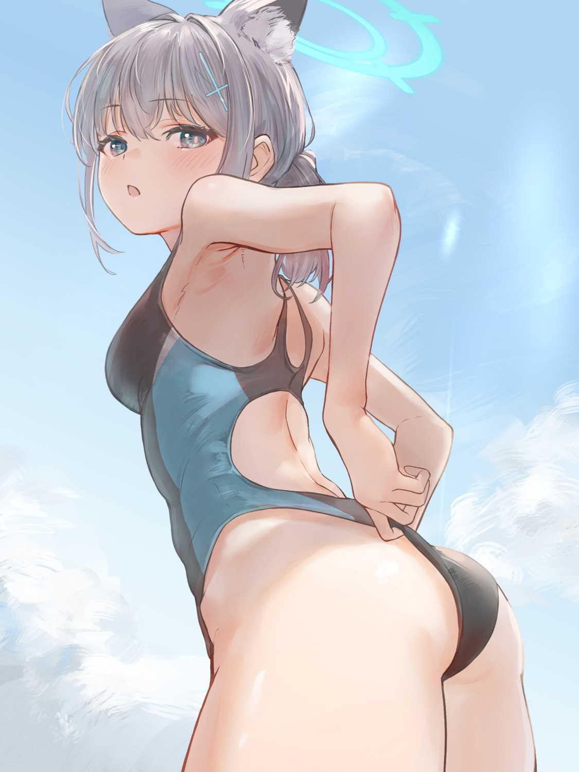 animal_ears ass blue_archive halo marulire nekomimi sunaookami_shiroko swimsuits undressing