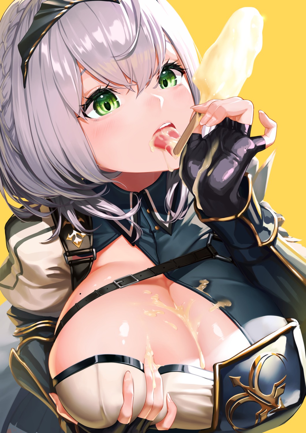 armor breast_grab cleavage cream hololive no_bra shirogane_noel tatunoko_shien