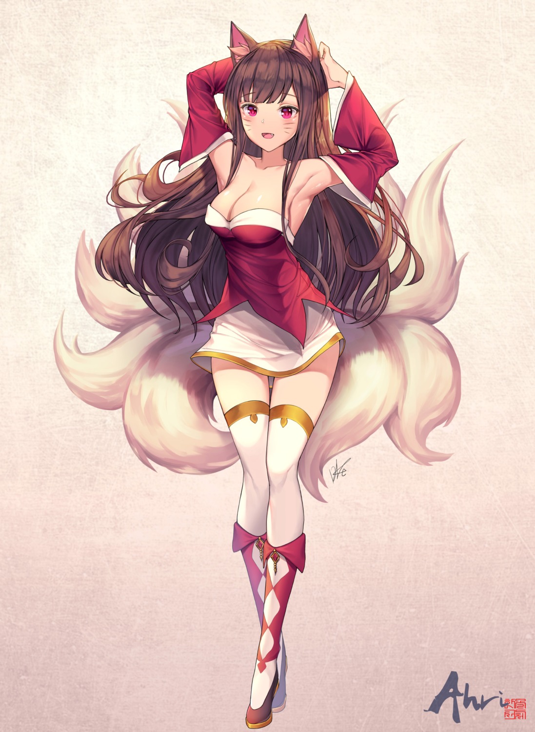 ahri animal_ears cleavage dduck_kong kitsune league_of_legends tail thighhighs