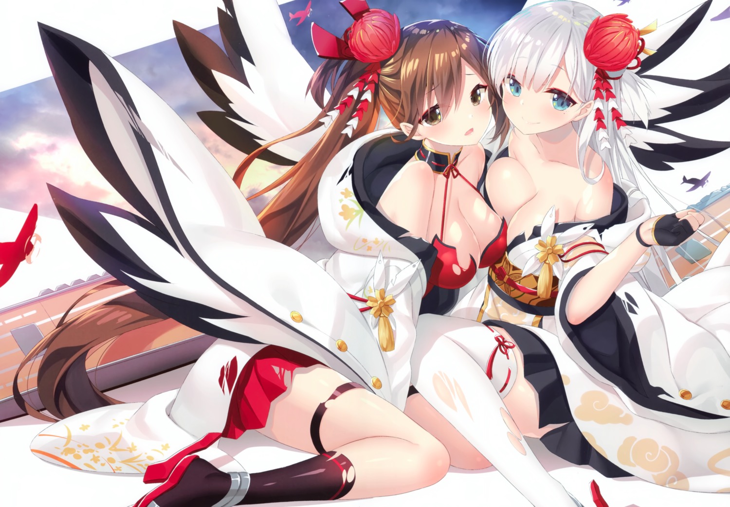 animal_herb azur_lane cleavage shoukaku_(azur_lane) symmetrical_docking thighhighs yano_mitsuki zuikaku_(azur_lane)