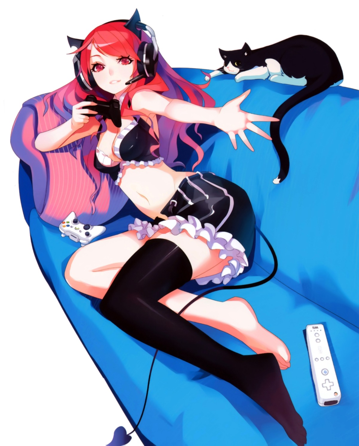 cleavage devil headphones horns neko overfiltered tail thighhighs vofan