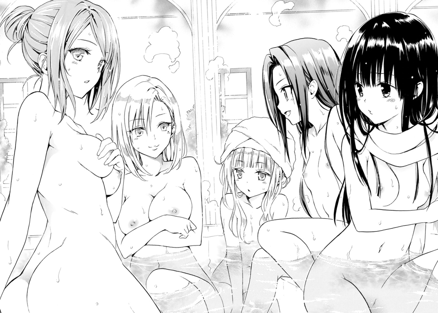 bathing breast_hold hatena☆illusion hoshisato_kana monochrome naked nipples yabuki_kentarou